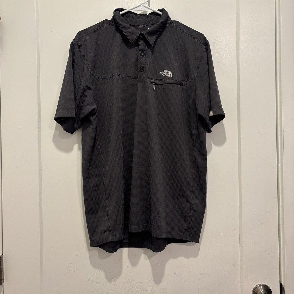 The North Face Mens Charcoal Grey Textured Short Sleeve Polo Shirt Zip Pocket L